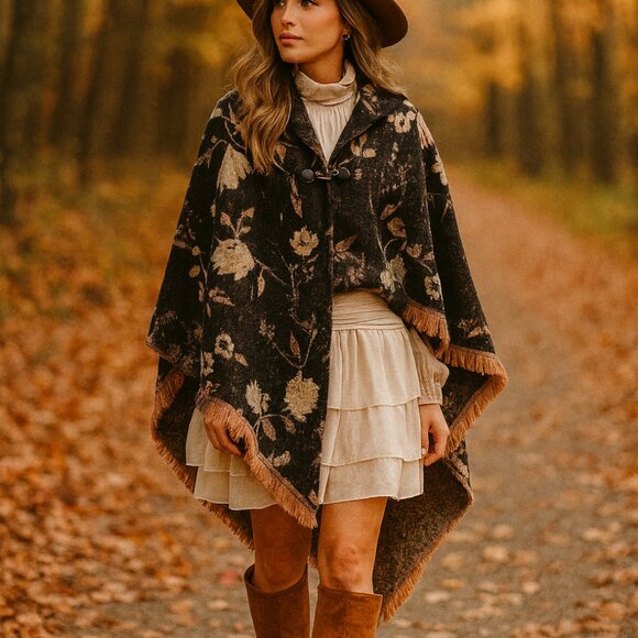 Marc New York Brown & Cream Floral Shrug Sweater Boho Western Fringe One Size - Picture 1 of 9